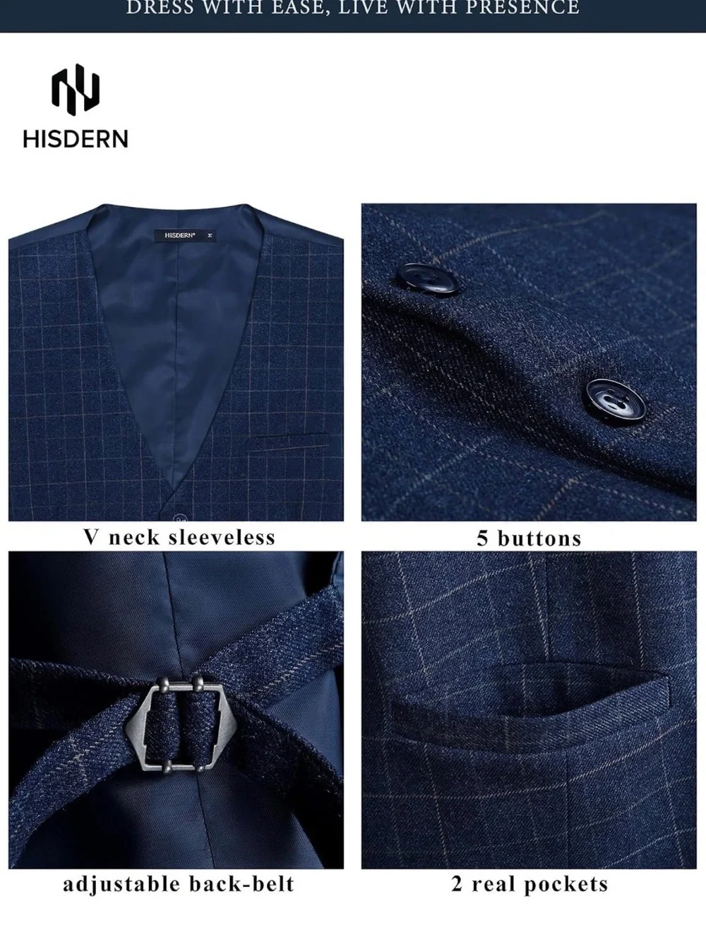 HISDERN XL Blue Windowpane Check Vest Men’s Formal 5 Button $20